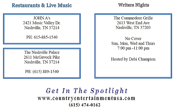 Restaurants & Live Music plus Writers Nights